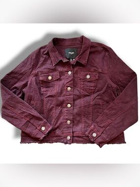 Nine West Raw Edge Burgundy Wine Stretch Denim Button Up Jacket Womens XL EUC C2